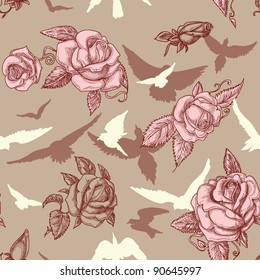 Rosas y pájaros de vintage