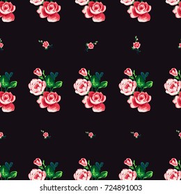 Vintage roses brunch and peony bouquet vector seamless pattern in watercolor style. Beautiful floral Illustration on black background.