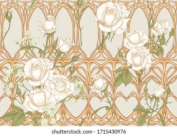 Vintage roses in a decorative imitation of a wicker basket made of twigs seamless pattern, background in art nouveau style, old, retro style. Colored vector illustration