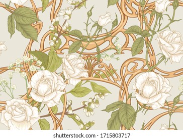 Vintage roses in a decorative imitation of a wicker basket made of twigs seamless pattern, background in art nouveau style, old, retro style. Colored vector illustration