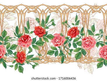 Vintage roses in a decorative imitation of a wicker basket made of twigs seamless pattern, background in art nouveau style, old, retro style. Colored vector illustration