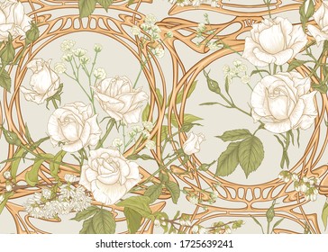 Vintage roses in a decorative imitation of a wicker basket made of twigs seamless pattern, background in art nouveau style, old, retro style. Colored vector illustration