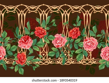 Vintage roses in a decorative imitation of a wicker basket made of twigs seamless pattern, background in art nouveau style, old, retro style. Colored vector illustration