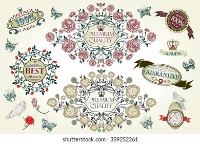 Vintage roses design elements, page decoration, Premium Quality, Satisfaction Guarantee Label collection. Vector, EPS10