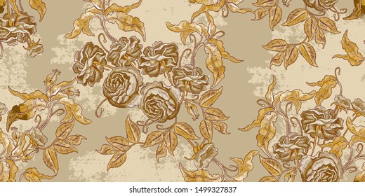 Vintage roses embroidery seamless pattern. Fashionable medieval template of clothes, t-shirt design, tapestry flowers, renaissance style 