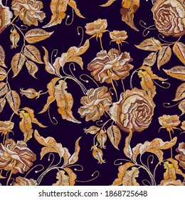 Vintage roses flowers, embroidery seamless pattern. Fashionable template for design of clothes, t-shirt design 