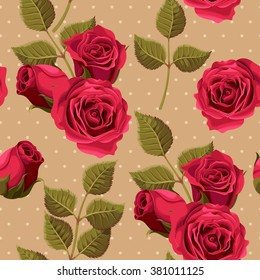 Vintage roses with leaves vector seamless background