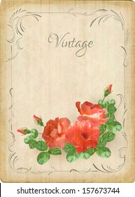 Vintage roses postcard. Retro vector vintage romantic floral background with beautiful flowers, decorative border frame, subtle grunge texture of paper surface, rough edges in romantic retro style