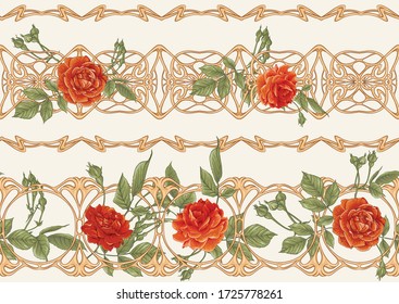 Vintage roses seamless pattern, background in art nouveau style, old, retro style. Colored vector illustration in warm colors.