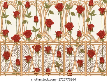 Vintage roses seamless pattern, background in art nouveau style, old, retro style. Colored vector illustration in warm colors.