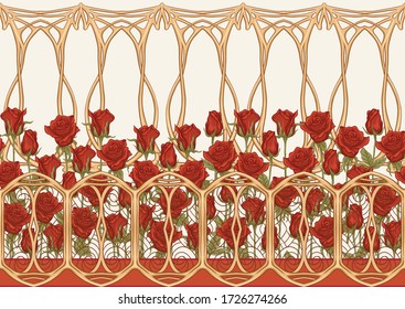 Vintage roses seamless pattern, background in art nouveau style, old, retro style. Colored vector illustration in warm colors.