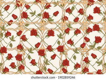 Vintage roses seamless pattern, background in art nouveau style, old, retro style. Colored vector illustration in warm colors.