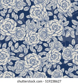 Vintage roses seamless pattern. Engraved rose background. Vector illustration