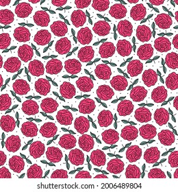 Vintage Roses seamless pattern. Pink flowers and black dots on white. Hand drawn Garden Plant. Floral vector background for romantic fashion print design, fabric, textile, scrapbooking, invitation