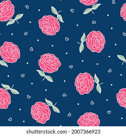 Vintage Roses seamless pattern. Pink flowers and white dots on navy blue. Hand drawn Garden Plant. Floral vector background for romantic fashion print design, fabric, textile, scrapbooking, invitation