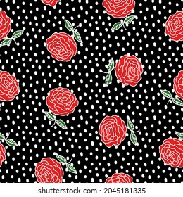 Rosas Vintage sin inconvenientes. Flores rojas y puntos blancos sobre negro. Planta de jardín dibujada a mano. Fondo vectorial floral para el diseño de la moda romántica, tela, textil, raspado, invitación