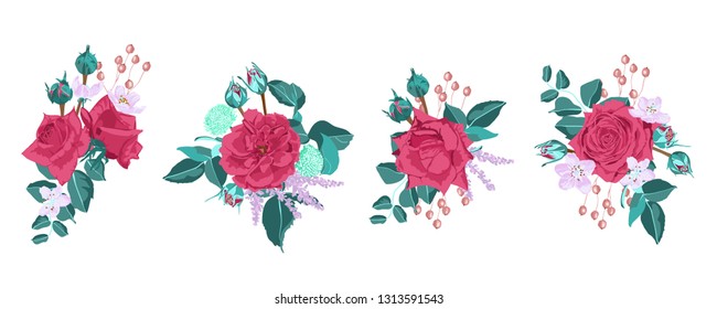 Vintage Roses, Seamless Wedding Pattern. Vector Pink Flower, Green Leaf. Elegant Vintage Card or Invite Design. Set of Peony Spring Bouquet, Summer Floral Illustration. Watercolor Vintage Drawn Style.