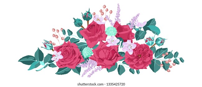 Vintage Roses, Seamless Wedding Pattern. Vector Pink Flower, Green Leaf. Elegant Vintage Card or Invite Design. Set of Peony Spring Bouquet, Summer Floral Illustration. Watercolor Vintage Drawn Style.