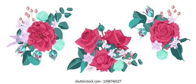 Vintage Roses, Seamless Wedding Pattern. Vector Pink Flower, Green Leaf. Elegant Vintage Card or Invite Design. Set of Peony Spring Bouquet, Summer Floral Illustration. Watercolor Vintage Drawn Style.
