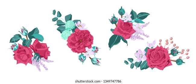 Vintage Roses, Seamless Wedding Pattern. Vector Pink Flower, Green Leaf. Elegant Vintage Card or Invite Design. Set of Peony Spring Bouquet, Summer Floral Illustration. Watercolor Vintage Drawn Style.