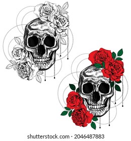 Vintage roses and skull. Set of gothic tattoos. Collection of graphic and color isolated vector illustrations.