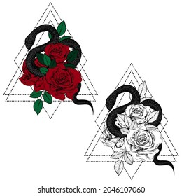 Vintage roses and snakes. Set of gothic tattoos. Collection of graphic and color isolated vector illustrations.