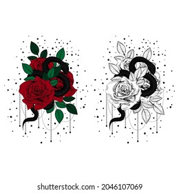 Vintage roses and snakes. Set of gothic tattoos. Collection of graphic and color isolated vector illustrations.