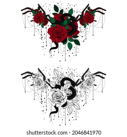 Vintage roses and snakes. Set of gothic tattoos. Collection of graphic and color isolated vector illustrations.