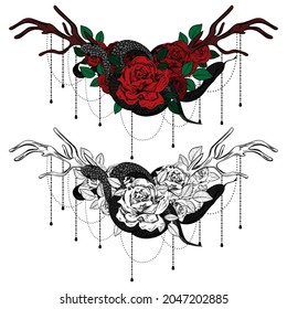 Vintage roses and snakes. Set of gothic tattoos. Collection of graphic and color isolated vector illustrations.