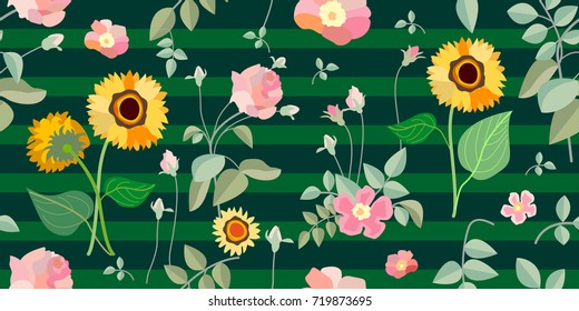 Vintage roses and sunflowers. Seamless vector pattern with blooming flowers and leaves. Vintage textile collection. On stripped green background.