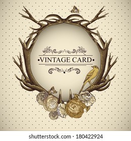 Vintage roses vector card with deer antlers 