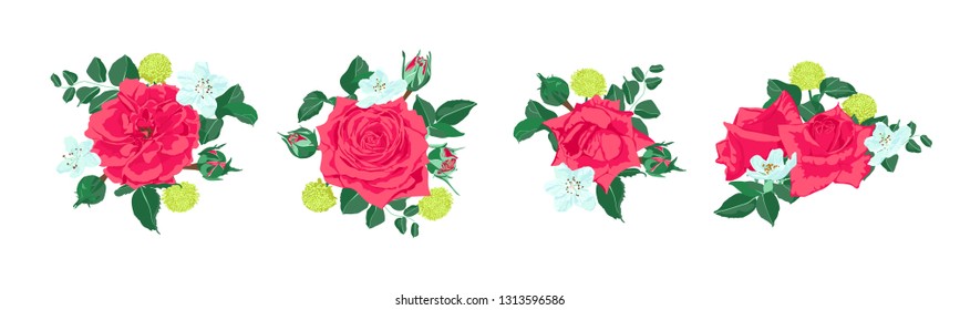 Vintage Roses for Wedding Card, Invite Design. Red Flowers Bouquet Set, Vector Floral Illustration. Romantic Wedding Decoration for Cards or Invitation. Hand Drawn Watercolor Wedding Rustic Elements.