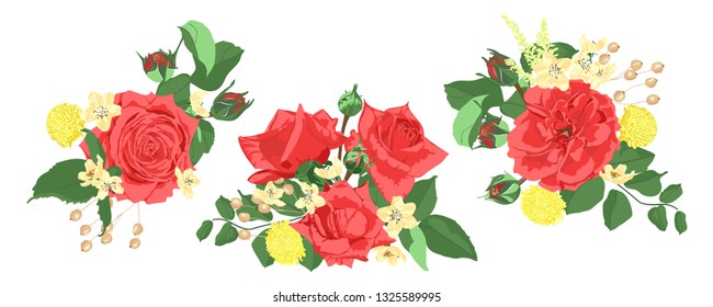 Vintage Roses for Wedding Card, Invite Design. Red Flowers Bouquet Set, Vector Floral Illustration. Romantic Wedding Decoration for Cards or Invitation. Hand Drawn Watercolor Wedding Rustic Elements.