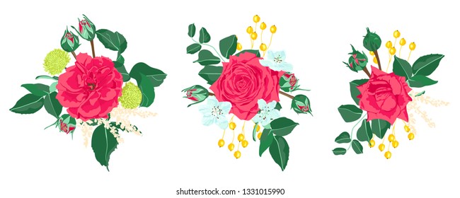 Vintage Roses for Wedding Card, Invite Design. Red Flowers Bouquet Set, Vector Floral Illustration. Romantic Wedding Decoration for Cards or Invitation. Hand Drawn Watercolor Wedding Rustic Elements.