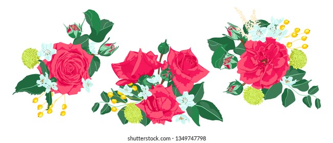 Vintage Roses for Wedding Card, Invite Design. Red Flowers Bouquet Set, Vector Floral Illustration. Romantic Wedding Decoration for Cards or Invitation. Hand Drawn Watercolor Wedding Rustic Elements.