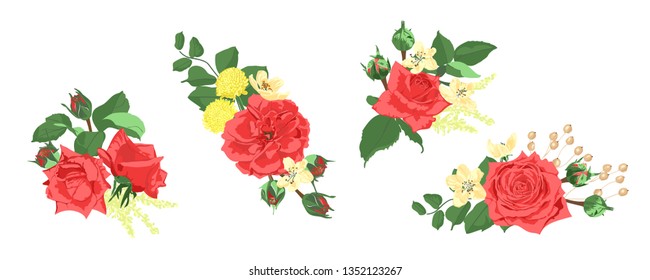 Vintage Roses for Wedding Card, Invite Design. Red Flowers Bouquet Set, Vector Floral Illustration. Romantic Wedding Decoration for Cards or Invitation. Hand Drawn Watercolor Wedding Rustic Elements.