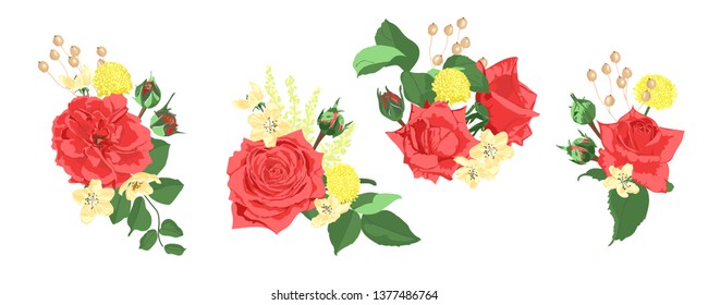 Vintage Roses for Wedding Card, Invite Design. Red Flowers Bouquet Set, Vector Floral Illustration. Romantic Wedding Decoration for Cards or Invitation. Hand Drawn Watercolor Wedding Rustic Elements.
