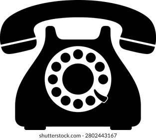 Vintage rotary telephone icon in solid black silhouette
