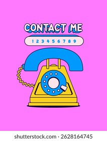 Vintage rotary telephone icon with the words "Contact Me" and a number display place text cartoon hand drawn illustration vector for communication, customer service, or contact page visuals
