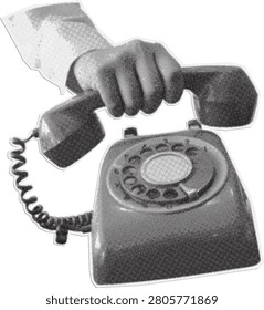 Vintage rotary telephone receiver held by a hand rendered in a halftone pop art style