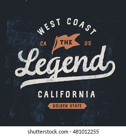 Vintage rough lettering on grange background. Legend t-shirt design template with sign of flag