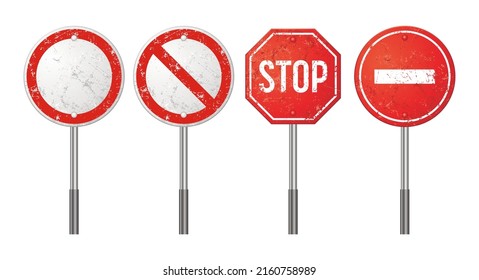 Vintage Rough Old Road Stop Sign Set, Vector Illustration