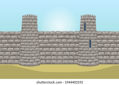 vintage rough stone wall with two towers, vector set