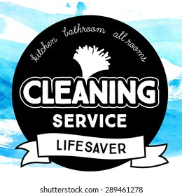 Vintage round badge for cleaning service with dust puff tool. Vector label at blue watercolor background.