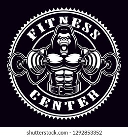Vintage round badge of a gorilla bodybuilder with dumbbells. Emblem for gym theme. Text is on the separate group.