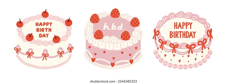 Vintage Round Cake Cream and Pink Toned Illustration Set with Cherry, Strawberry, Whipped Cream, Coquette Ribbon, Heart and Happy Birthday Message