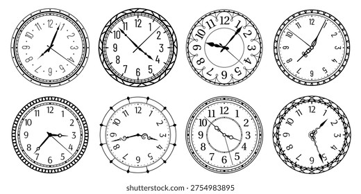 Vintage round clock face. Antique clocks with arabic numerals, retro watchface and antic watches. Elegant time clock, hour clocking sign. Isolated vector illustration symbols set