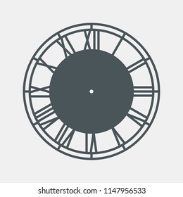 Vintage round clock roman face hour time watch antique retro old, silhouette, vector
