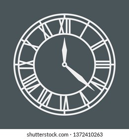 Vintage round clock roman hour time watch antique retro old, silhouette, vector