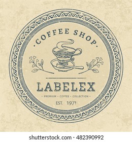 Vintage Round Coffee Shop Label With Victorian Frame. Hand Drawn Retro Circle Logo On Old Paper Background